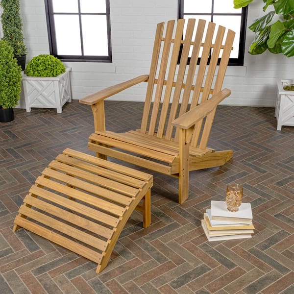 JONATHAN Y Saranac Teak Brown Traditional Rustic Acacia Wood Adirondack Chair with Detachable Ottoman (2-Piece)
