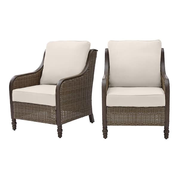 Hampton Bay Windsor Brown Wicker Outdoor Patio Lounge Chair with CushionGuard Almond Tan Cushions (2-Pack)