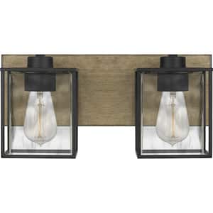 Holsten 15 in. 2-Light Matte Black Vanity Light with Clear Hammered Glass