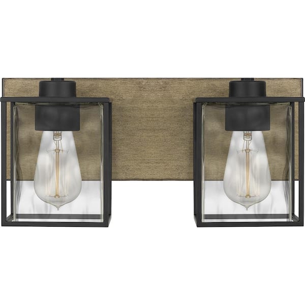 Holsten 15 in. 2-Light Matte Black Vanity Light with Clear Hammered Glass