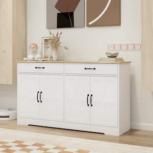 White and Natural Wood 55.90 in. Sideboard Buffet Cabinet with 4-Doors and 2-Drawers