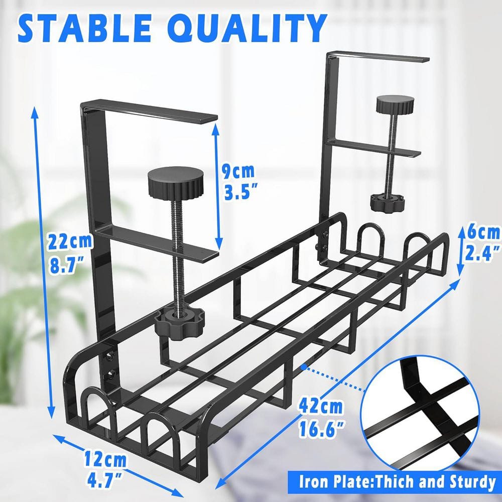 Under Desk Cable Management Tray in Black with Clamp, No Drill Steel Organizer for Wires, Upgraded Long Arm Design - Thumbnail 3