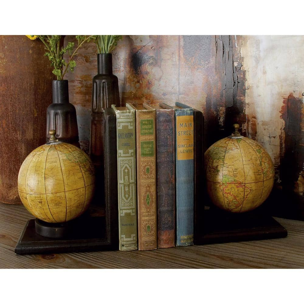 Litton Lane Brown Wood Globe World Map Bookends (Set of 2)