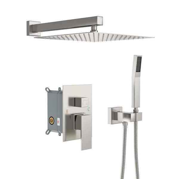 2-Spray Patterns 12 in.Square 1.8 GPM Wall Mounted Fixed and Handheld Shower Head in Brushed Nickel