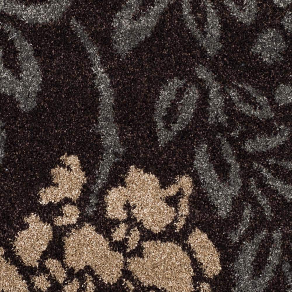 Handcrafted Round Dark Brown Grey Floral Shag Rug, 59 in