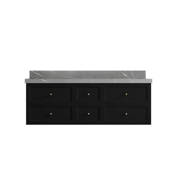 Willow Collections Roswell 60 in. Double Sink Freestanding Black Bath Vanity with Piatra Gray Qt. Top Unassembled