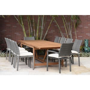 Jameson 11-Piece Wood Rectangular Patio Dining Set with White Cushions