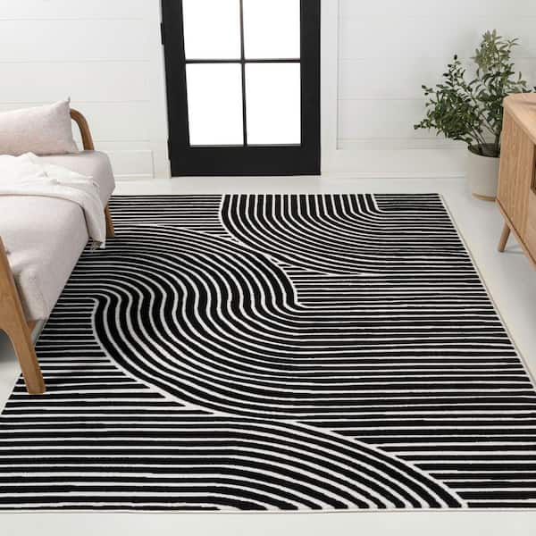 Hallie High-Low Minimalist Curve Geometric Black/White 4 ft. x 6 ft. Area Rug