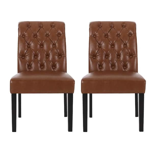 Noble House Cullon Cognac Brown Tufted Rolltop Faux Leather Dining Chair (Set of 2)