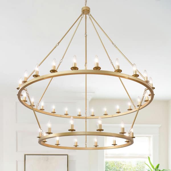 PAKOKULA 2-Tier 36-Lights Gold Dimmable Candle Style Wagon Wheel Chandelier