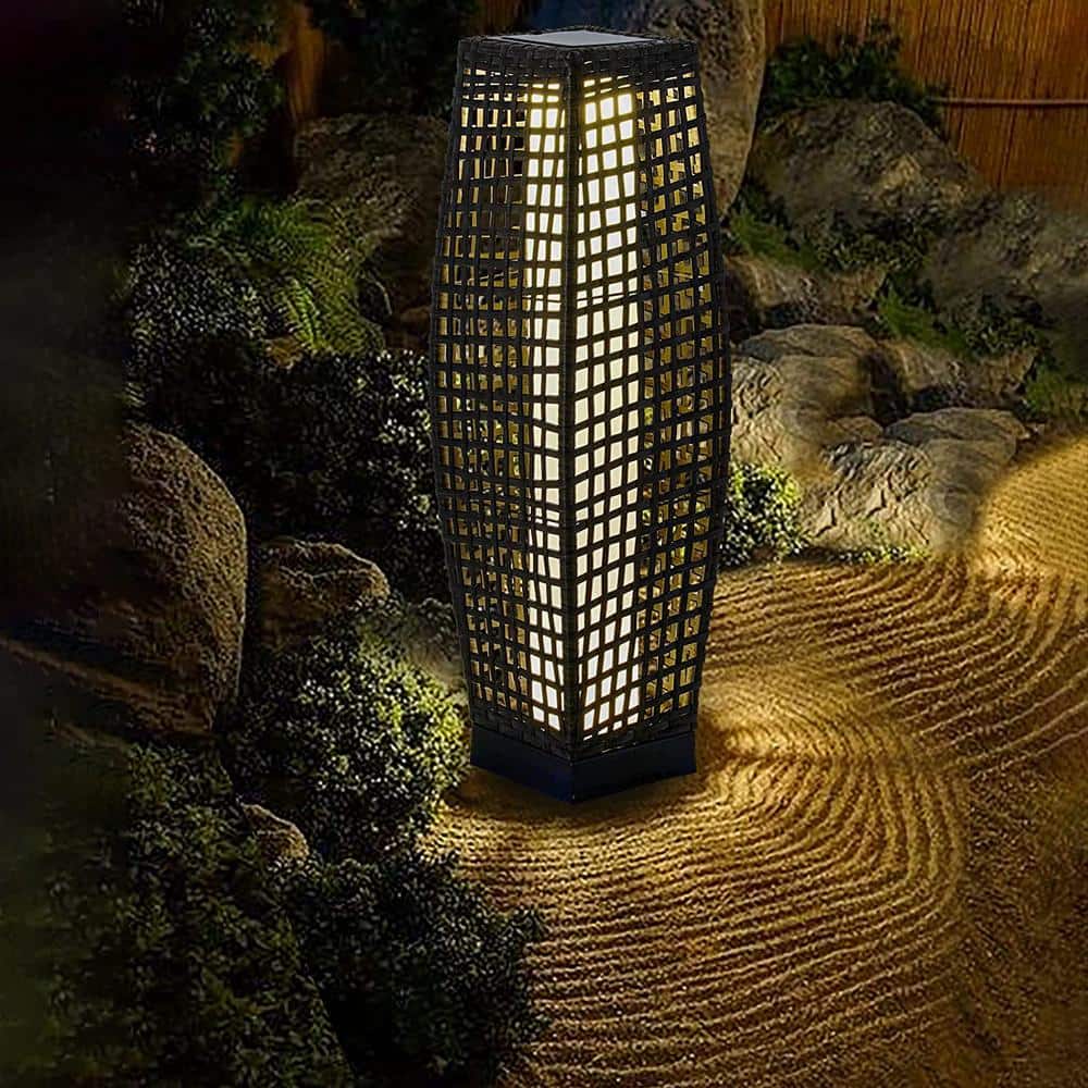 31 in. Brown Rattan Outdoor Solar Floor Lamp Lanterns with Shade Deck Decorations Idea for Patio Yard Garden Party