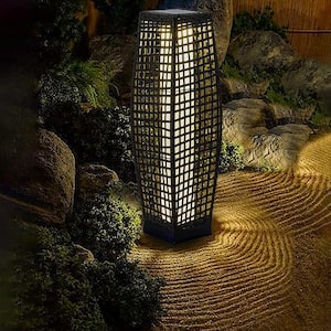 31 in. Brown Rattan Outdoor Solar Floor Lamp Lanterns with Shade Deck Decorations Idea for Patio Yard, Garden, Party