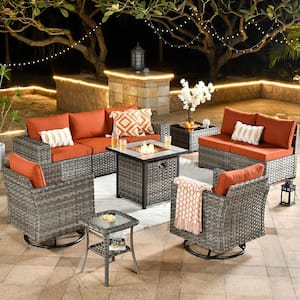 Tahoe Grey 10-Piece Wicker Swivel Rocking Outdoor Patio Conversation Sofa Set with a Fire Pit and Orange Red Cushions