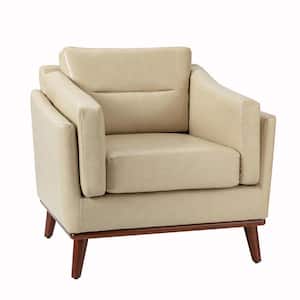 Ignace Mid-Century Leather Upholstered Beige Sofa Arm Chair with Solid Wood Leg