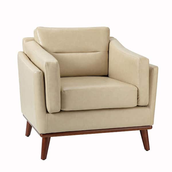 JAYDEN CREATION Ignace Mid-Century Leather Upholstered Beige Sofa Arm Chair with Solid Wood Leg