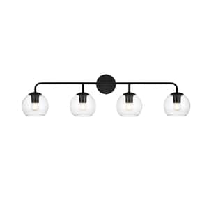 Simply Living 37 in. 4-Light Modern Black Vanity Light with Clear Round Shade
