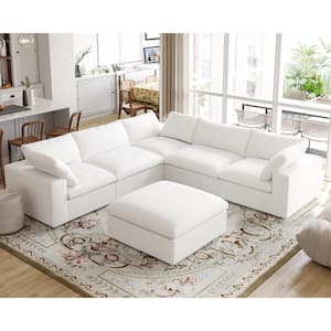 120.46 in. Square Arm 6-piece Linen Free combination Modular Sectional Sofa with Ottomans in White