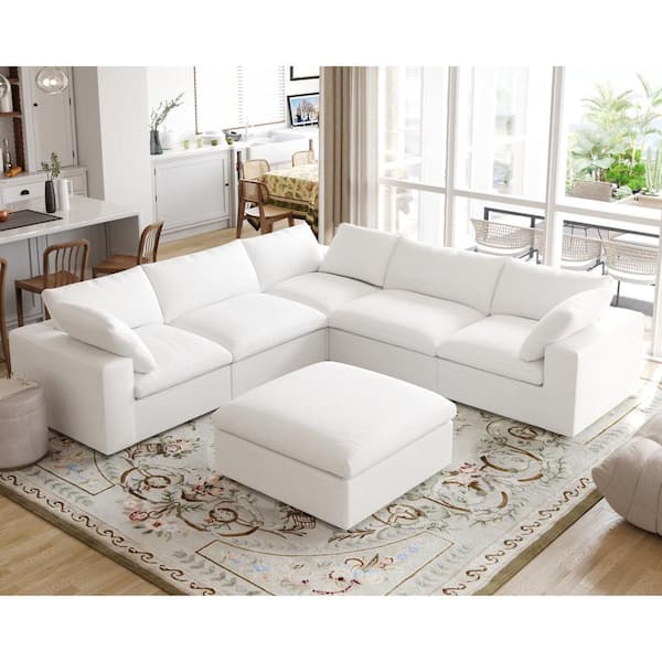 J&E Home 120.46 in. Square Arm 6-piece Linen Free combination Modular Sectional Sofa with Ottomans in White