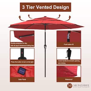 11 ft. Market Patio Umbrella 3-Tiers Crank and Tilt Outdoor Umbrella in Red with LED Lights