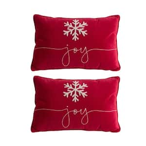 Red Velvet Plush 12 in. x 18 in. Throw Pillows with Embroidered Joy & Frosty Snowflake Christmas Set of 2