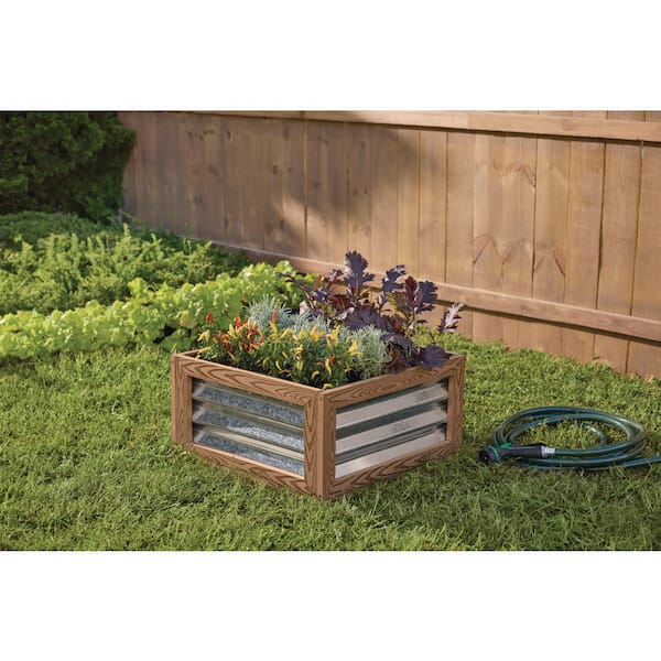 Tan Wood Composite Frame Square Raised Garden Bed with Steel Sides (24 in. L x 24 in. W x 12 in. H)
