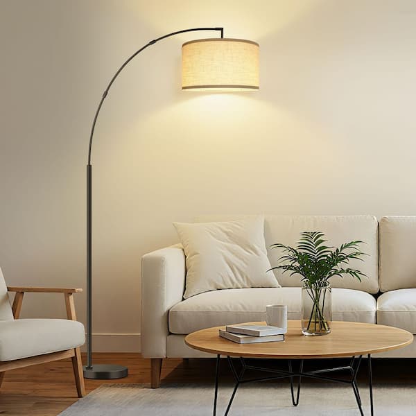 81 in. Black Arc 1-Light Dimmable LED Floor Lamp with Large Adjustable Hanging Drum Linen Shade