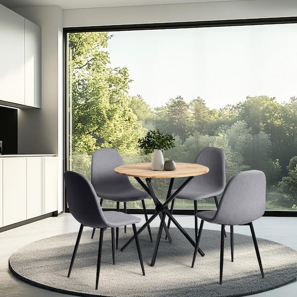 CHARFONTANA Modern 5-Piece Natural Oak Round Wood Dining Table Set with 4 Upholstered Chairs in Stone Grey (Seats 4)
