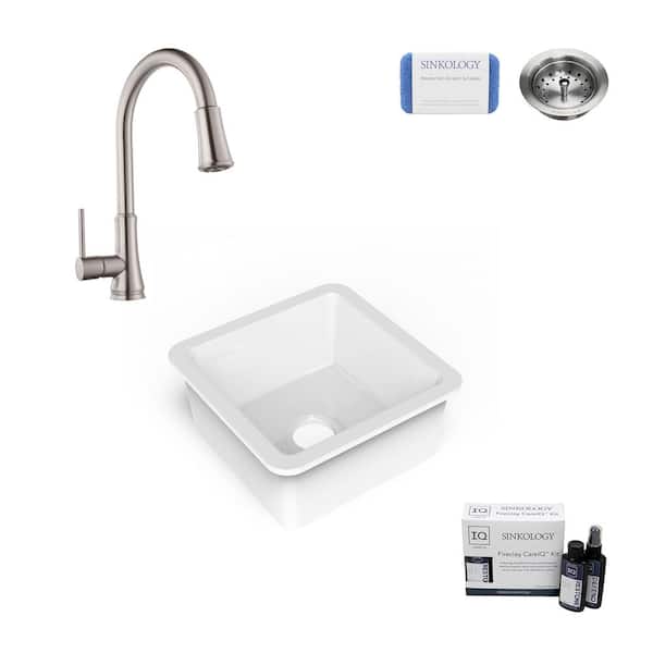 SINKOLOGY Eden 18 in. Fireclay Undermount Bar Sink in Crisp White with Pfirst Faucet Kit