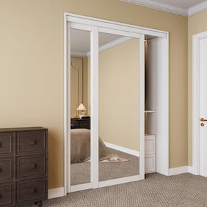 60 in. x 80 in. Solid Core 1-Lite Mirror White Primed MDF Interior Closet Sliding Door with Hardware