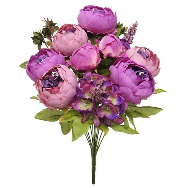LIVING LUXURY 19 in. Lavender Purple Artificial Mixed Peony Hydrangea Flower Stem Bush Bouquet