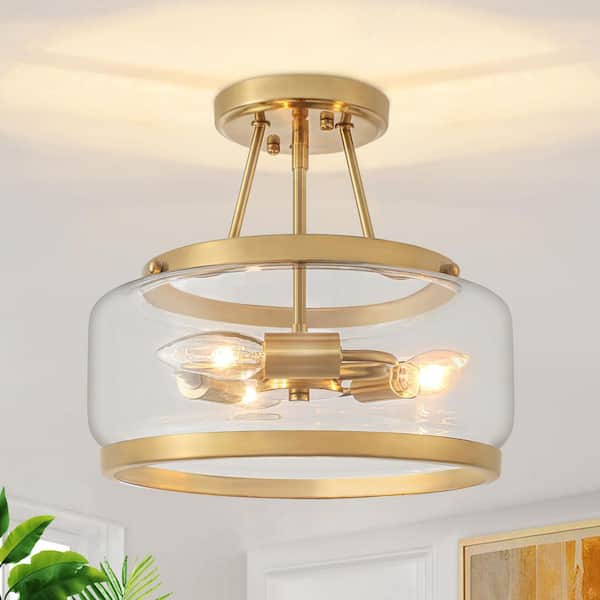 10.7 in. 3-Light Gold Modern Glass Drum Semi Flush Mount Ceiling Light Fixture For Dinning Room