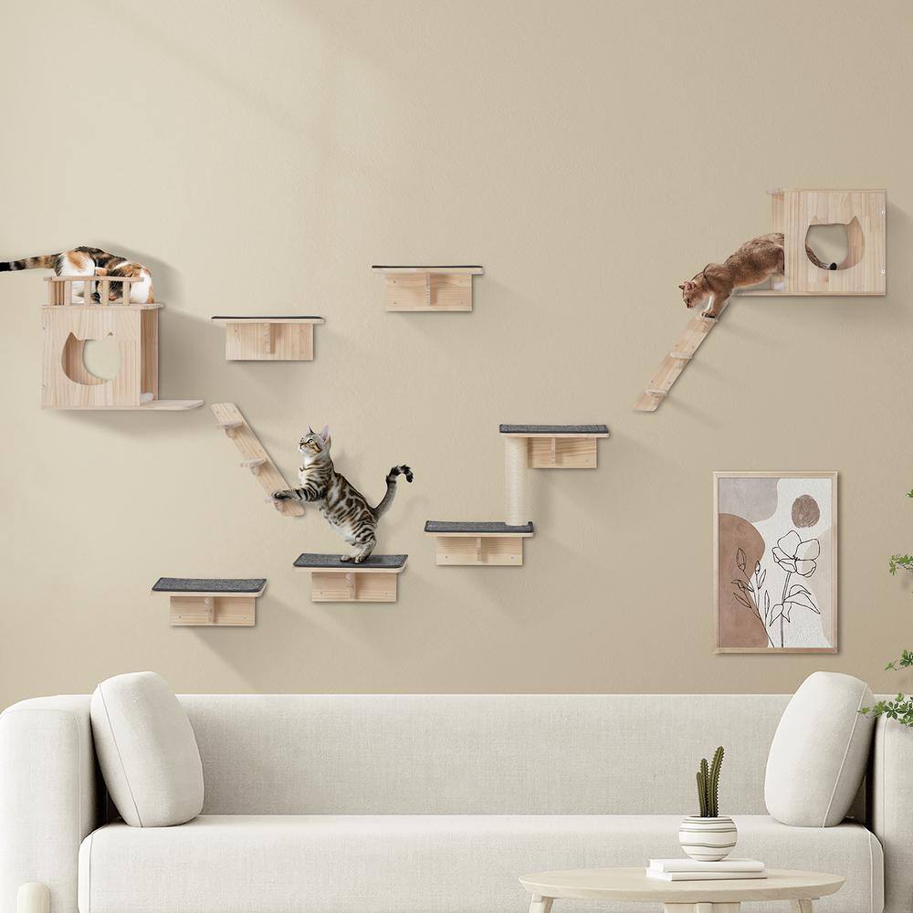 Natural Pine Wood Wall Mounted Cat Shelves Set