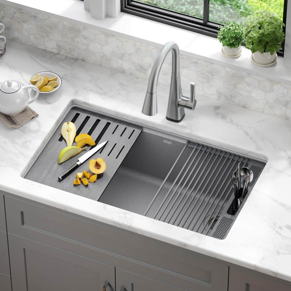 Dark Gray Granite Composite Workstation Kitchen Sink with Workflow Ledge