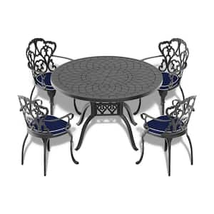 5-Piece Black Metal Outdoor Dining Set with Blue Cushions