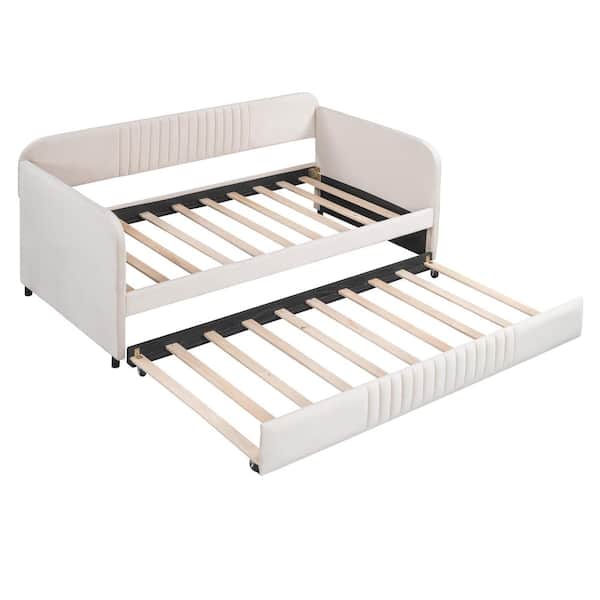Unbranded Beige Velvet Fabric Upholstered Twin Size Daybed Sofa Bed With Trundle and Wood Slat No Box Spring Needed