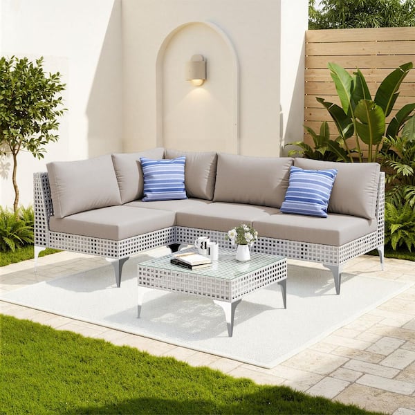 5-Piece L-Shaped Wicker Outdoor Serving Bar Set with Cushion, Coffee Table-Sectional Patio Furniture for Deck Garden