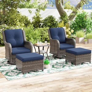 5-Piece Wicker Patio Outdoor Conversation Rocking Chair Set with Blue Cushions