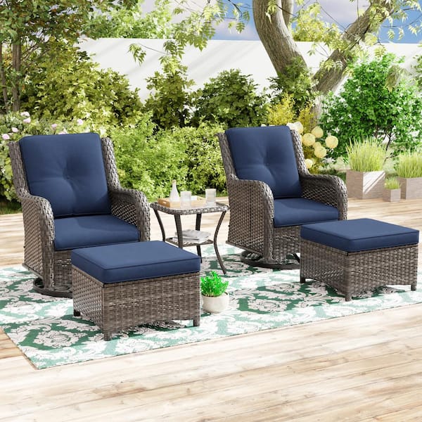 JOYSIDE 5-Piece Wicker Patio Outdoor Conversation Rocking Chair Set with Blue Cushions