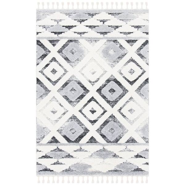 Moroccan Tassel Shag 3 ft. x 5 ft. Gray/Ivory Diamond High-Low Fringe Area Rug