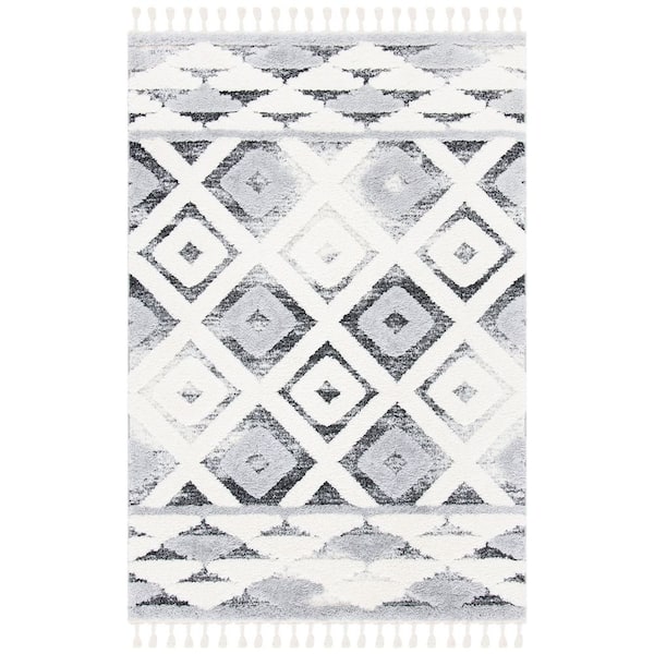 Moroccan Tassel Shag 4 ft. x 6 ft. Gray/Ivory Diamond High-Low Fringe Area Rug
