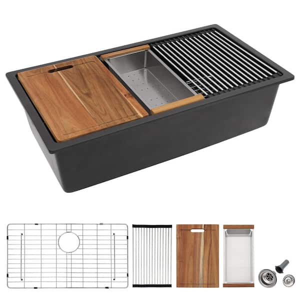 33 in. Undermount Single Bowl Matte Black Granite Quartz Composite Kitchen Sink with Workstation Ledge