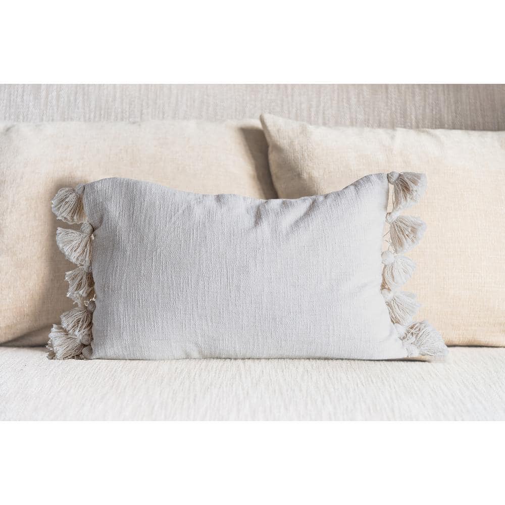 Cream Rectangular Cotton Slub Pillow with Tassels