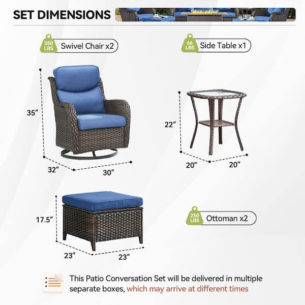Luxury Brown Swivel Glider Wicker Patio Conversation Set with Blue Olefin 5 in. Thick Cushions/Ottoman (5-Piece)