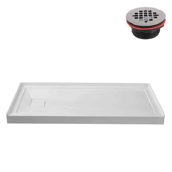 60 in. L x 32 in. W Alcove Acrylic Shower Pan Base in Glossy White with Left Drain, Drain Included