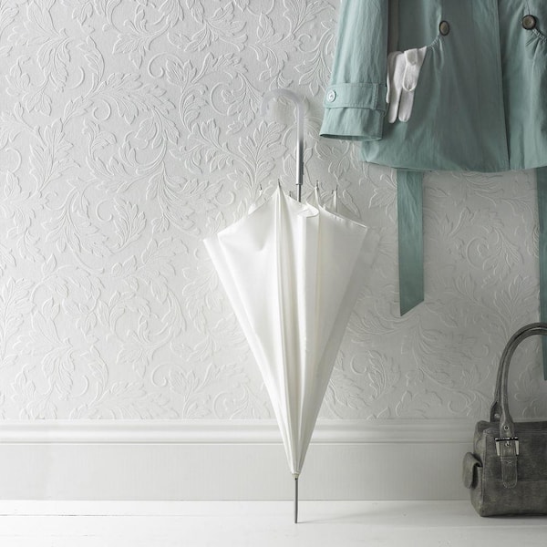 Large Scrolling Leaf White Paintable Wallpaper