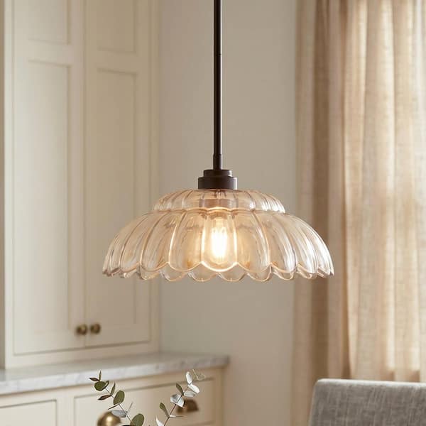 Whitecap 100-Watt 1-Light Mottled Cocoa Pendant Light with Amber Glass Shade
