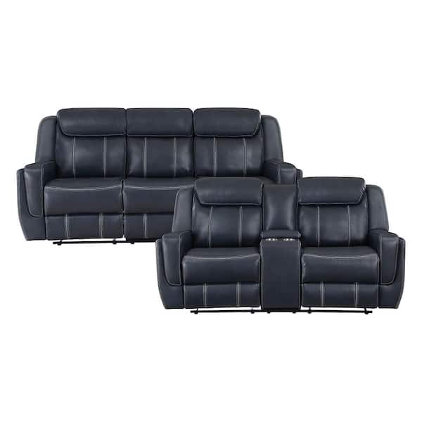 Colin 86 in. W Straight Arm Faux Leather Rectangle 2-Piece Manual Reclining Sofa Set in Blue