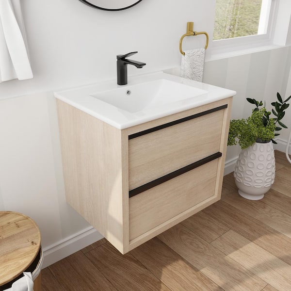 24.00 in. W x 18.31 in. D x 21.25 in. H Floating Bath Vanity in Plain Light Oak with White Ceramic Top