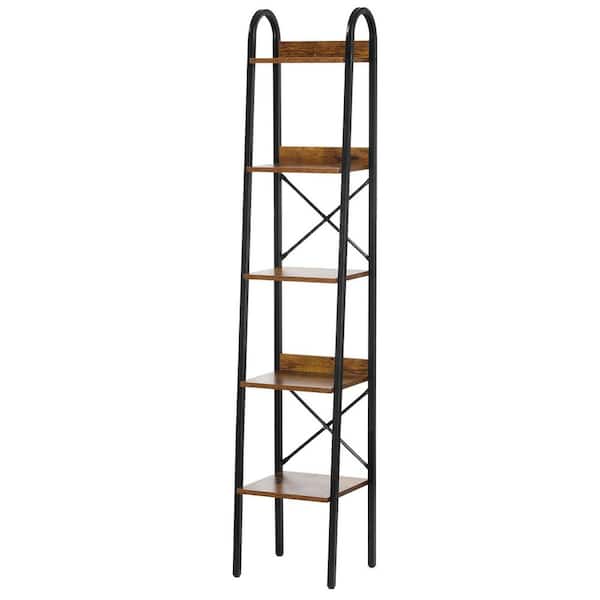 SKYSHALO Metal Bookshelf, 5-Tier Industrial Brown Bookshelf, Tall Narrow Rustic Vintage Storage Bookcase, 11.81 in. D 66.89 in. H