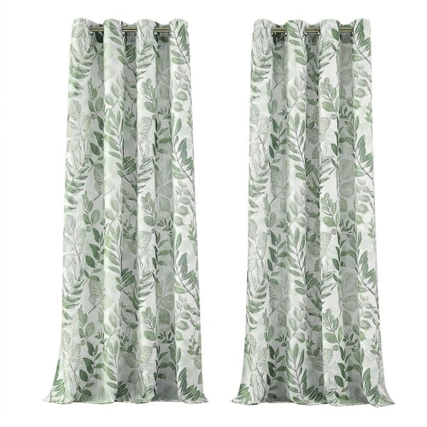 Green Linen Fabric 55 in. W x 84 in. L Leaf Printed Light Filtering Curtain (Set of 2 Panels)
